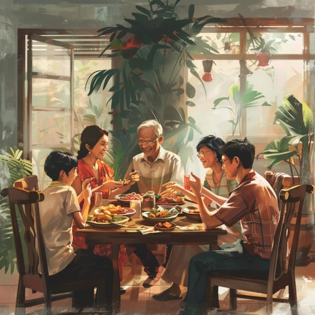 A group of diverse characters, representing a modern Thai family, sitting around a dinner table, laughing and sharing food. The scene is warm and inviting, suggesting love and connection.