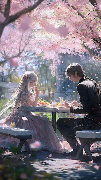 Two characters from a Korean drama gazing lovingly into each other's eyes against a backdrop of cherry blossoms. The scene exudes a romantic and dreamy atmosphere.