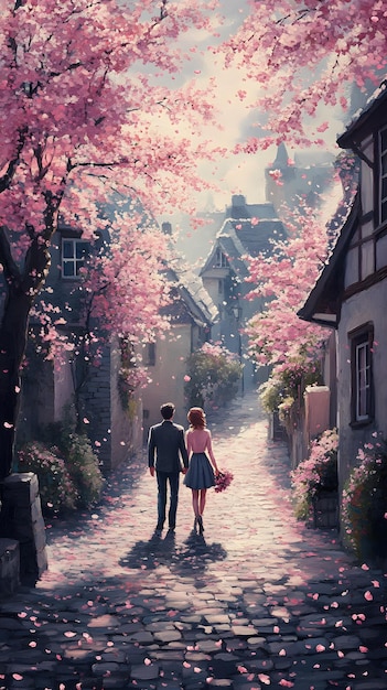 A cartoonish illustration depicting various Korean romantic comedy tropes: a couple running into each other, a lead character tripping, a traditional Korean house, and cherry blossoms.