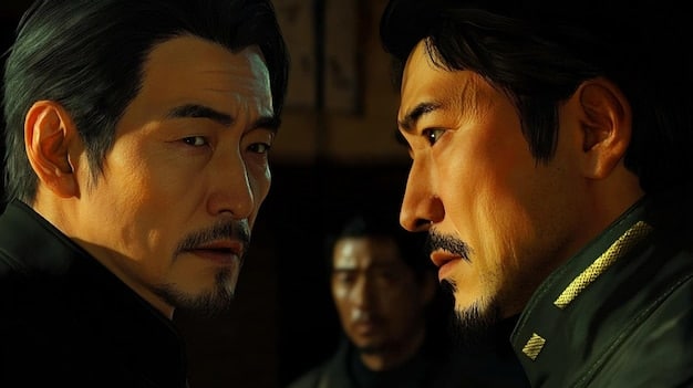 A close-up shot of two male actors from a Thai BL drama, looking at each other with deep affection. The lighting is soft and romantic, emphasizing their emotions and connection. The background is blurred, focusing solely on their expressions.
