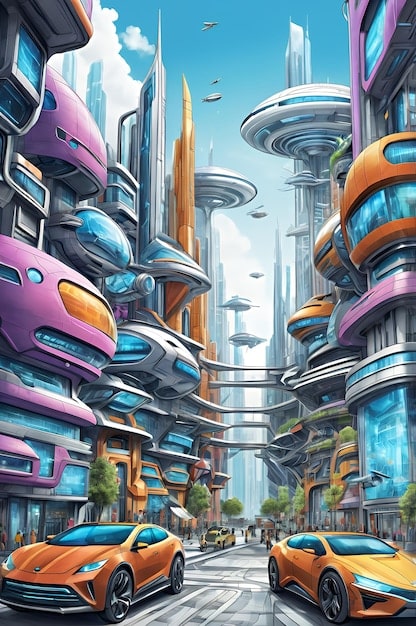A digital painting of a futuristic cityscape with flying vehicles and holographic advertisements in a Korean drama style. Two characters, a human woman and an alien prince with glowing eyes, are standing on a rooftop, looking at the stars in a romantic pose.
