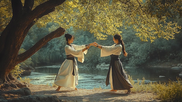 Two actors in traditional hanfu standing beneath cherry blossom trees, enacting a scene of tender romance in a historical Chinese drama. The lighting is soft and the atmosphere ethereal.