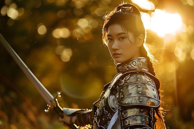 A female lead warrior dressed in ancient Chinese battlefield armor, wielding a sword, with a determined expression during a historical war drama. The setting includes a battlefield at sunset.