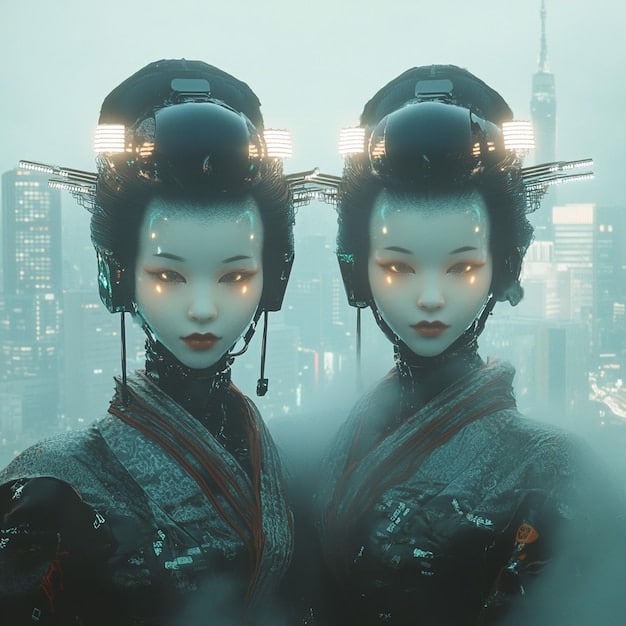 A close-up shot of two characters in a Korean sci-fi drama, one with futuristic cybernetic enhancements, looking at each other with intense emotion, highlighting the blend of technology and human relationships.