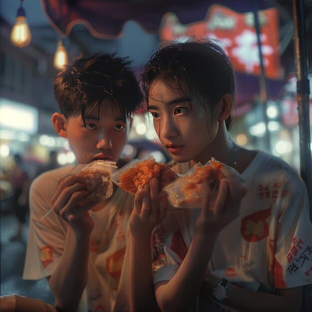A split image showing a scene from a Korean romantic comedy where the two main characters are accidentally touching hands and another scene where they are laughing together while eating street food.