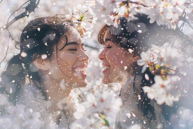 A close-up image of the two main characters from a K-drama smiling at each other, with cherry blossom petals falling around them.