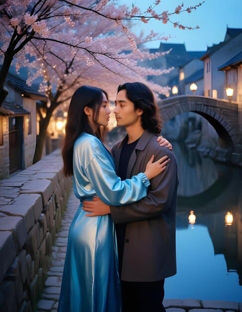 A still from a Korean drama depicting a romantic scene between two main characters, with soft lighting and a picturesque backdrop.