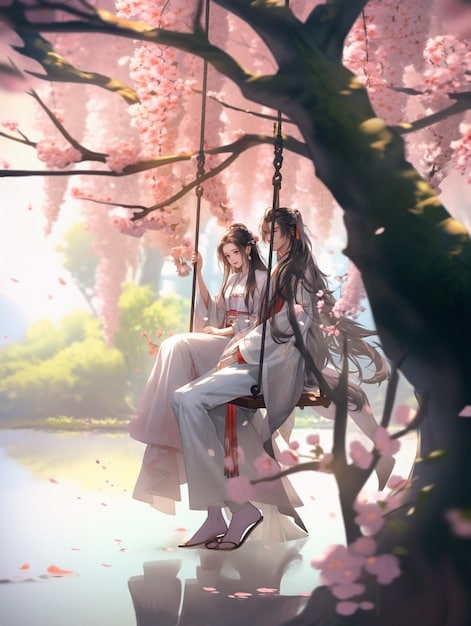 A brightly lit scene from a K-drama, showcasing two leads in a romantic moment, with cherry blossoms softly falling in the background. The actors should be dressed in stylish, modern Korean fashion.