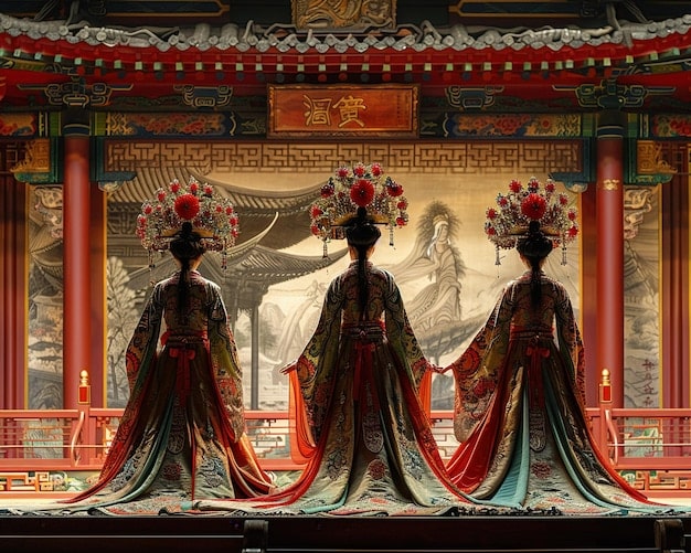 A still from a historical chinese dorama set in ancient china, showing emperial court, elegant costumes, with the emperor and the empress.