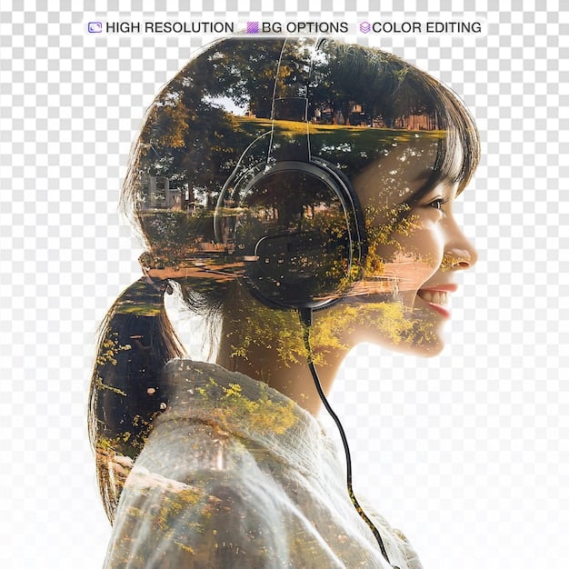 A split image. On one side, a young woman is listening to headphones with a blissful expression. On the other side, a screenshot of a Spotify playlist displaying popular dorama OSTs. The setting is a cozy, warmly lit room.