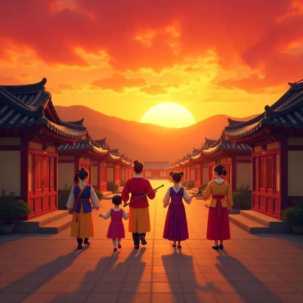 A panoramic view of a traditional Korean palace during sunset, with characters in historical costumes walking in the courtyard. The lighting is warm and golden, creating a nostalgic and romantic atmosphere.