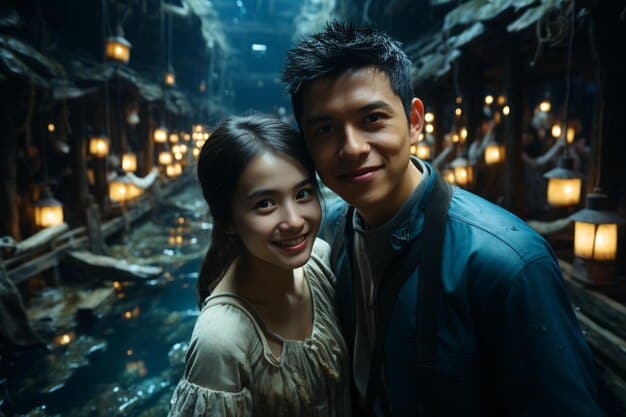 A still from a Thai dorama showing a romantic scene with the two lead actors smiling at each other with a beautiful sunset in the background. The actors should have modern, stylish clothing. The overall image should be warm and inviting, showcasing the romantic appeal of Thai dramas.