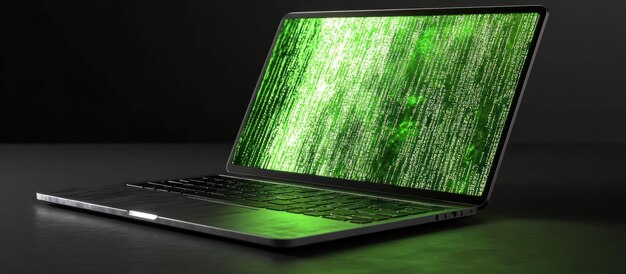 A close-up shot of a laptop screen displaying code with several lines highlighted in green. The focus is on one specific line of code, hinting at a possible hacking or technological mystery theme. The room is dimly lit, with a blurred background featuring a desk and some tech gadgets.