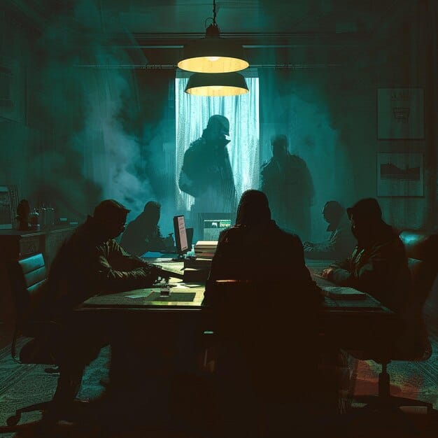 A dimly lit room where a group of investigators are gathered around a table. Spread out on the table are crime scene photos, maps, and various pieces of evidence. The atmosphere is tense and focused, with investigators studying the materials intently, suggesting the intensity and complexity of a crime scene investigation.