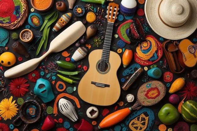 A vibrant image showcasing various traditional Mexican musical instruments, such as a guitarrón, a jarana, and maracas, arranged beautifully on a colorful textile.