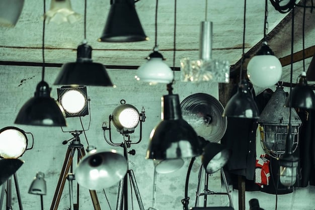 A detailed shot of a film set focusing on the lighting setup, with various lamps and reflectors illuminating a scene. The lighting crew is adjusting the lights, showcasing the technical aspects of creating mood and atmosphere through illumination in film production.