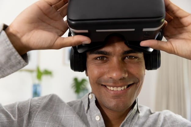 A close-up shot of a Mexican animator wearing a VR headset and interacting with a virtual world. The animator is smiling and gesturing with their hands, manipulating virtual objects within the animated environment displayed in the headset. The background shows a blurred view of the animation studio.
