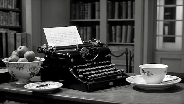 A black and white photo showing a vintage typewriter with a half-written script on it. In the background, there's a bookshelf full of classic Mexican literature.