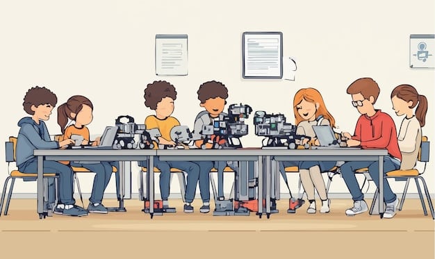 A group of film students sitting in a classroom, intently listening to a professor discussing scriptwriting techniques. The room is filled with film posters and equipment.