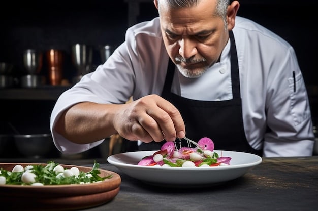 A close-up shot of a chef meticulously preparing a dish in 