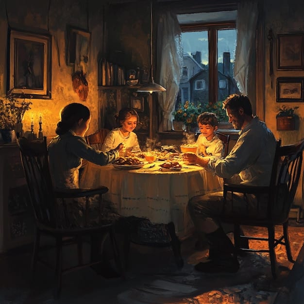 A scene depicting a tense family dinner in 'The Lost Heiress', with dramatic lighting and subtle facial expressions suggesting hidden conflicts.