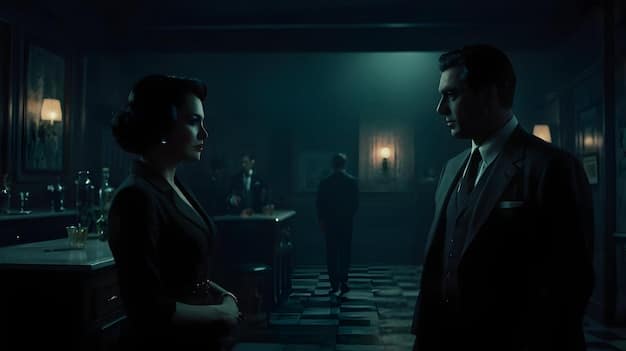 A dimly lit scene depicting a tense conversation between two male characters. The setting appears to be a bar or club, and the characters' expressions suggest a potential conflict or disagreement.
