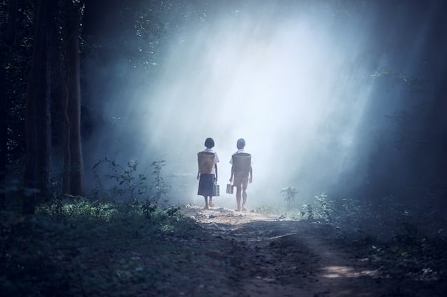 A split image showing two characters in 'Sombras del Pasado', one young and innocent, the other older and burdened with secrets. The contrast in their expressions conveys the passage of time and the impact of past events.
