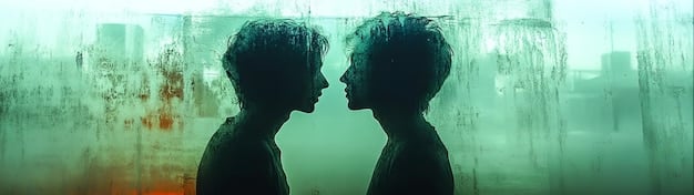 Close-up of two characters looking at each other intently, showcasing the emotional tension and connection between them.