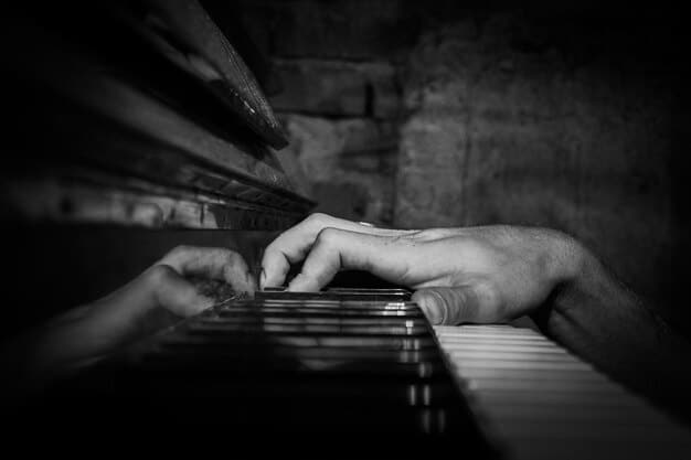 A close-up shot of a composer's hands on a piano, surrounded by sheet music, symbolizing the creation of the emotional soundtrack for the film.