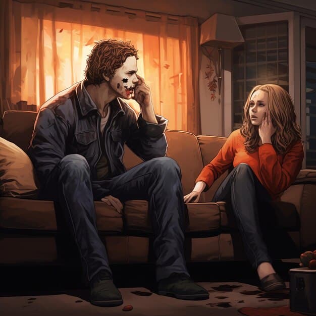 A scene from 'Secretos de Familia' showing two main characters having a tense conversation, with dramatic lighting emphasizing the emotional conflict between them.