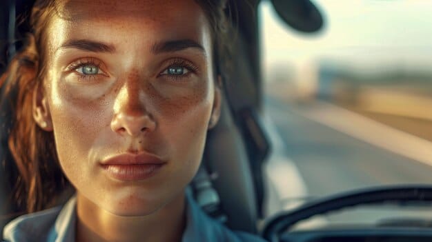 Close-up of a woman with a determined expression driving a large truck. Her face shows a mix of strength and weariness, with the city lights reflecting in her eyes.