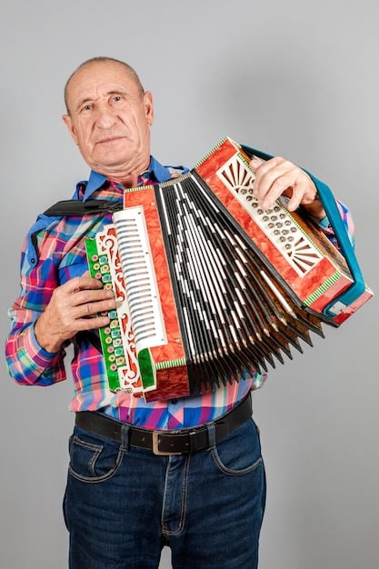 A close-up of a traditional Mexican accordion, with hands playing the keys, set against a backdrop of a dusty road. This highlights the cultural and musical heritage intertwined with the journey of the migrants.