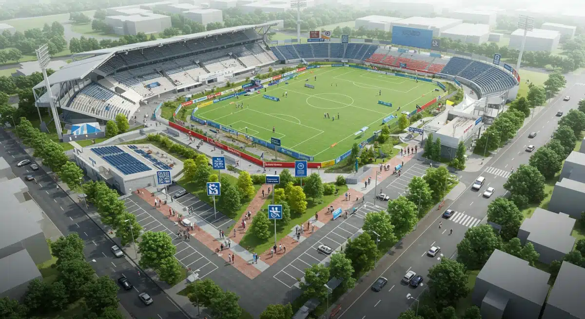Accessible sports venue layout with clear pathways and universal design.