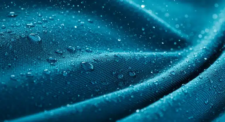 Close-up of advanced sweat-wicking fabric with moisture droplets, showcasing innovative textile technology for fitness apparel.