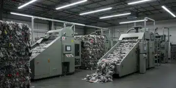 Advanced textile recycling machinery processing fabric waste in a modern facility