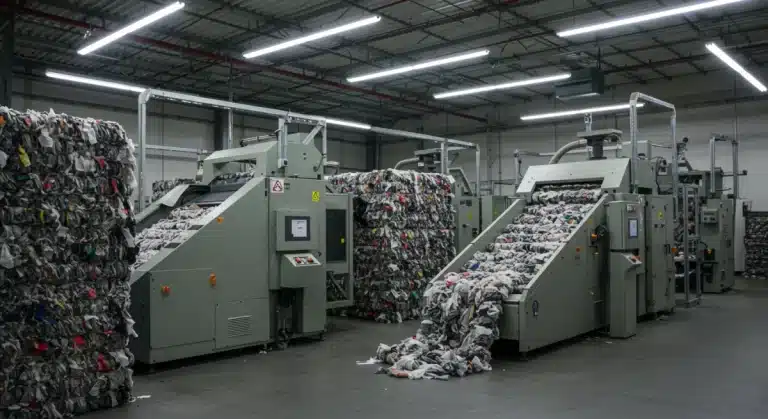 Advanced textile recycling machinery processing fabric waste in a modern facility