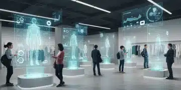 AI-powered fashion retail store with holographic displays and smart mirrors