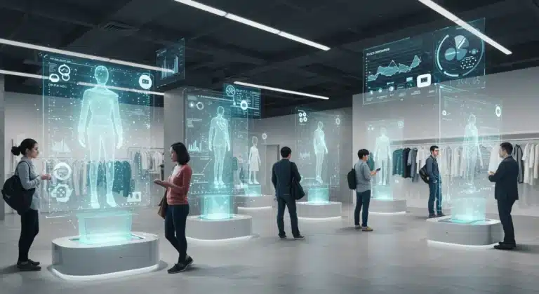 AI-powered fashion retail store with holographic displays and smart mirrors