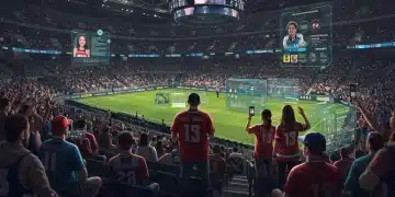 AI-powered personalized fan experience at a 2025 sports event, showing interactive displays and engaged fans.