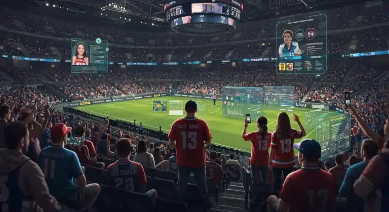 AI-powered personalized fan experience at a 2025 sports event, showing interactive displays and engaged fans.