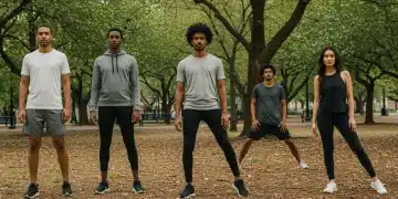 People wearing modern athleisure clothing in an urban park, showcasing comfort and style.