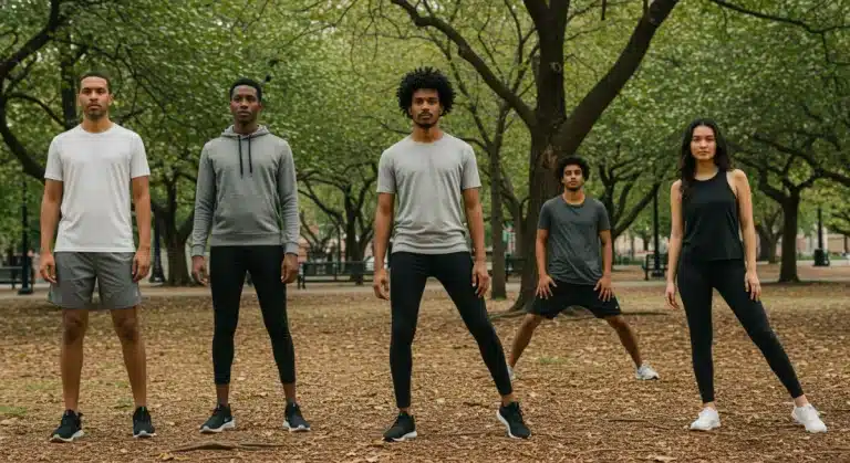 People wearing modern athleisure clothing in an urban park, showcasing comfort and style.