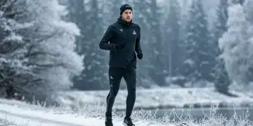 Athlete in thermal fitness wear running in snow