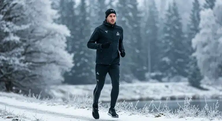 Athlete in thermal fitness wear running in snow