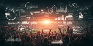 Data analytics dashboard over a sports stadium, showing increased ticket sales projections.