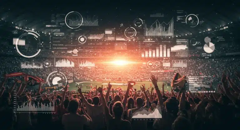 Data analytics dashboard over a sports stadium, showing increased ticket sales projections.