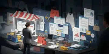 Stylized illustration of digital fashion marketplace with legal documents and compliance symbols