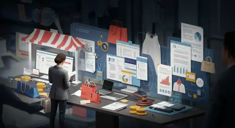 Stylized illustration of digital fashion marketplace with legal documents and compliance symbols