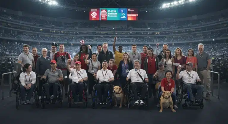 Diverse attendees enjoying an accessible sports event in a modern stadium.