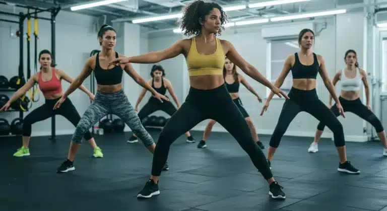 Diverse athletes exercising in well-fitted, modern fitness wear